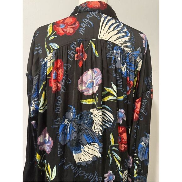 Free People black floral bird print long sleeve button front top SP - Picture 7 of 10